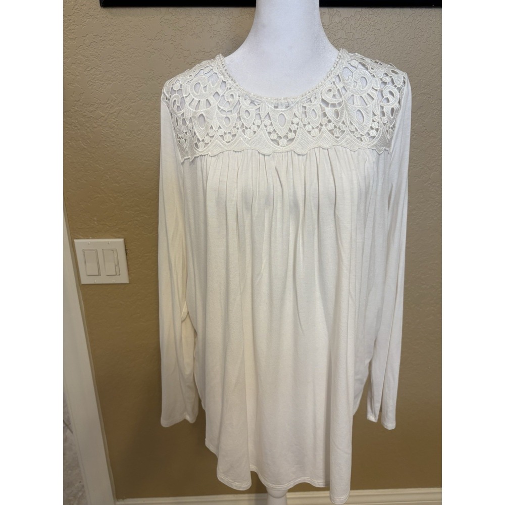 Philosophy Womens White Long-Sleeve Crocheted Lace Yoke Tunic Top Size Large
